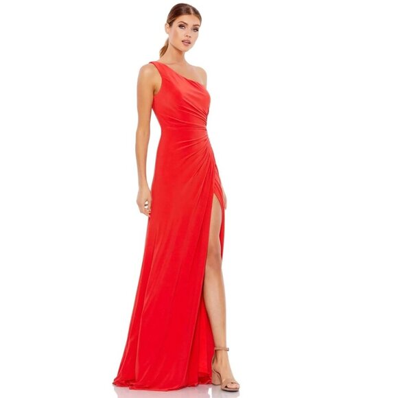 NWT Mac Duggal One Shoulder Ruched Jersey Evening Gown Cherry 0 #9670 - Picture 1 of 8